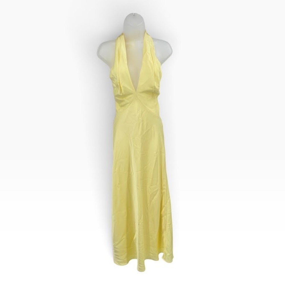 Birdy Grey Light Yellow Satin Plunge Halter Maxi Dress Open Back Tie Bridesmaid